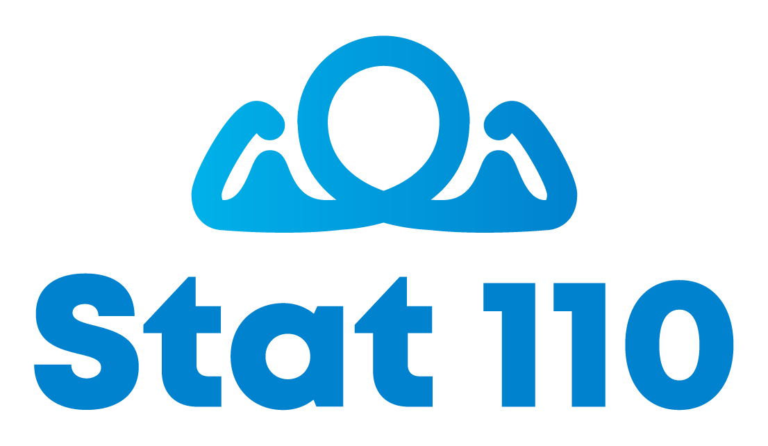 Stat 110 logo: a figure holding up two bell curves